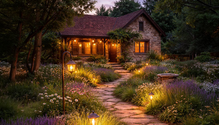 bahçe aydınlatmalarıyla köy evi bahçe dekorasyonu