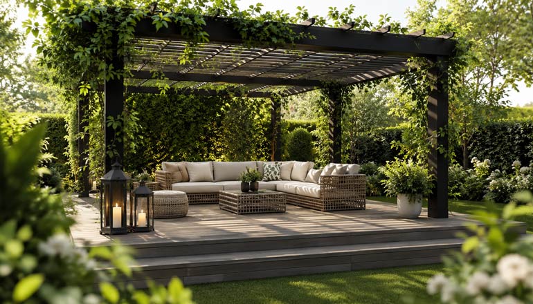 bahçe dekorasyonunda pergola kamelya gölgelik kullanımı